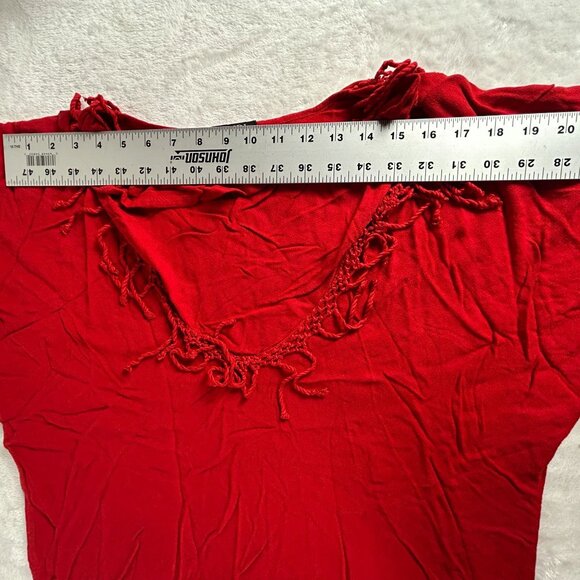 Dairi Fashion Womens Red Fringe Cowl Neck 3/4 Dolman Sleeve Top Loose Fit Casual - Picture 5 of 7
